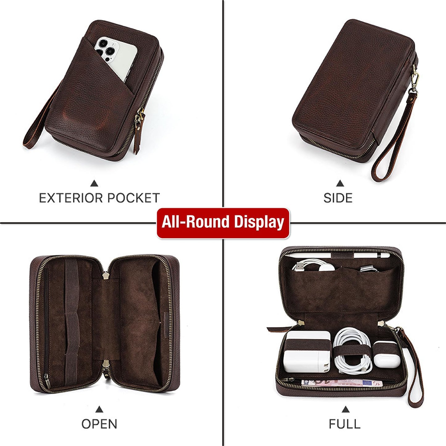 CataPurus Electronic Organizer Case Tech Kit, Top Grain Leather Handmade, Portable Compact Travel Electronic Accessories Storage Case Fits Phone, USB Cables, Chargers, Hard Drive, Cards, Apple pencil