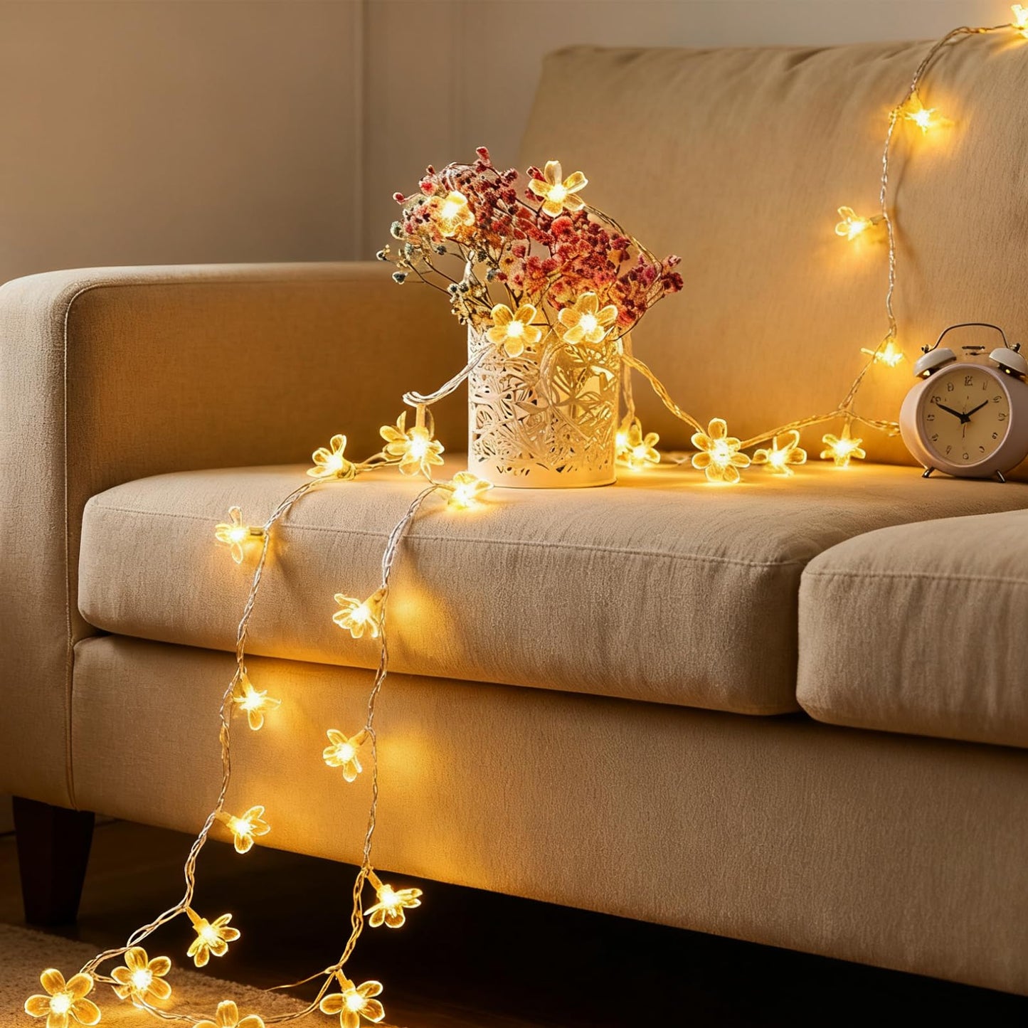 Indoor Plug in Decorative Fairy Flower String Lights, 33ft 100 LED Twinkle Cherry Blossom Floral Lamp for Bedroom Window Wall Ceiling Tree Hanging, Christmas Easter Birthday Decor (Warm White)