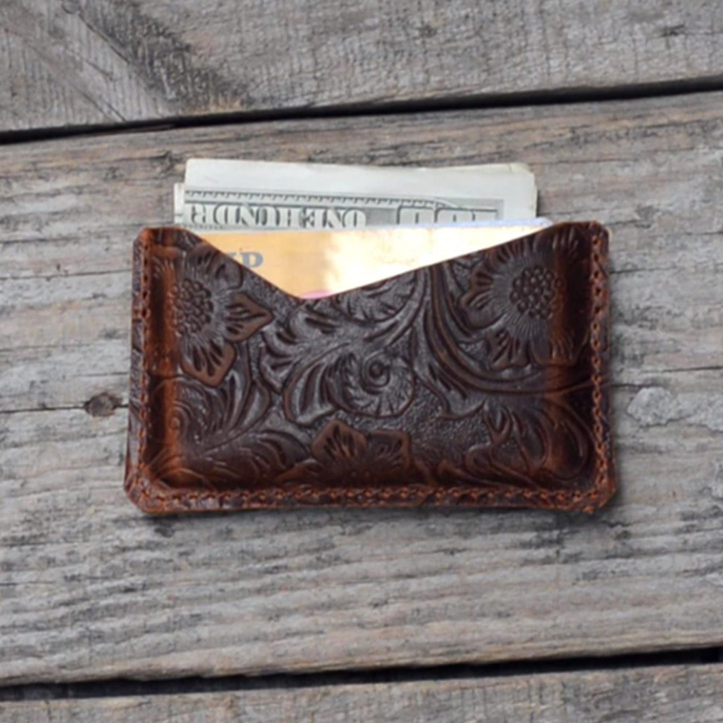JJNUSA Handmade Leather Business Card Case Holder for Men & Women Minimalist Leather Wallet Card Holder Distressed Gifts Flower brown