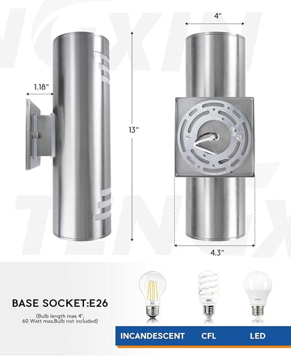 TENGXIN 2 Pack Outdoor Wall Light,Up Down Modern Outdoor Wall Sconce with Stainless Steel Cylinder,Brushed Nickel Exterior Lighting Fixtures