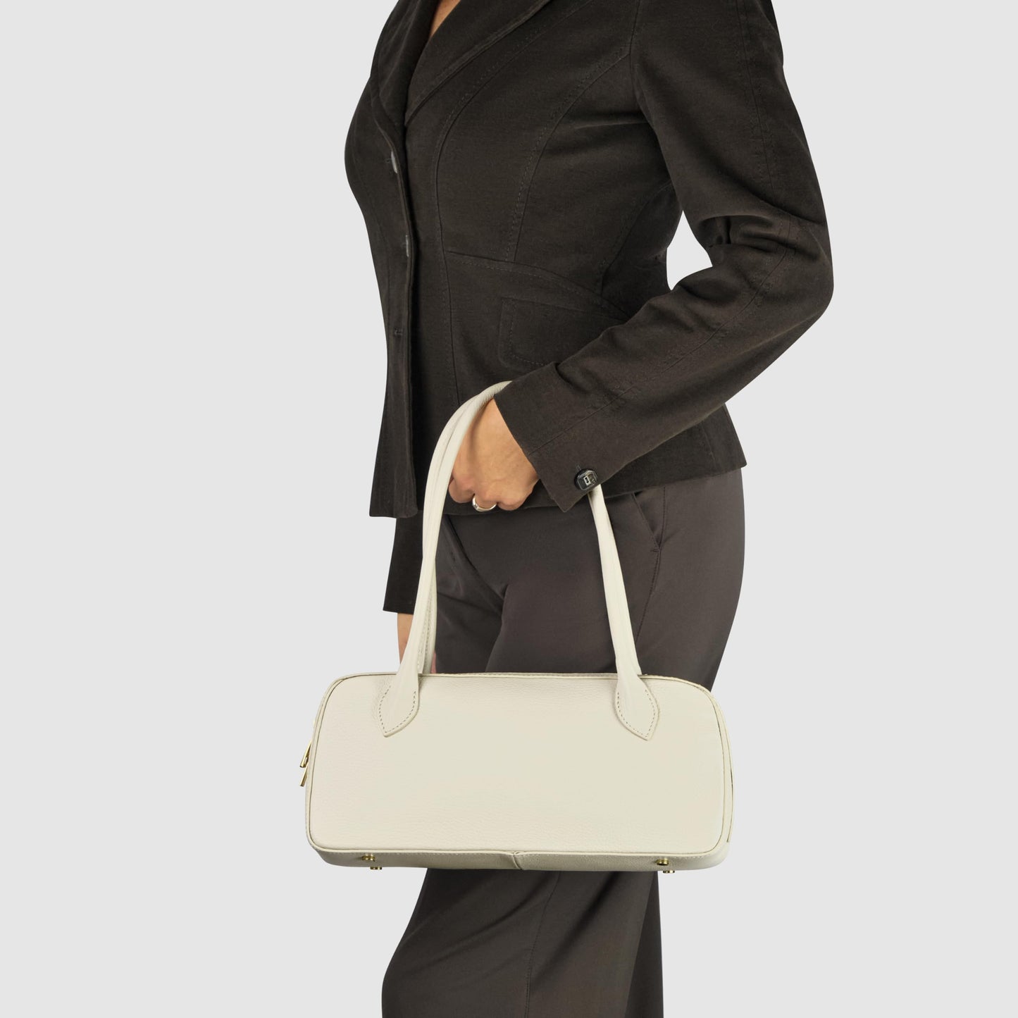Italian Genuine Calf Leather Bag for Women with Top Handles and Zippered Top | Rectangular Shoulder Boston Purse (Beige)