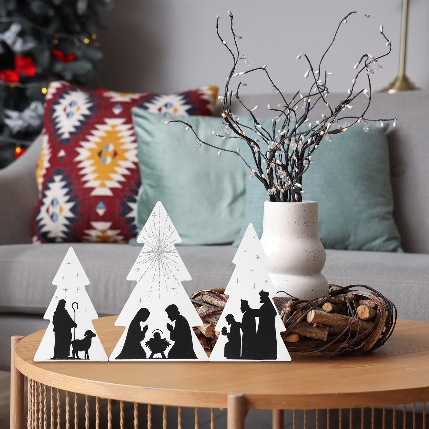 Chunful 3 Pcs Jesus Nativity Wooden Decor Black White Wood Centerpiece Christmas Table Sign Rustic Wood Tree Nativity Scene for Christmas Home Tabletop Mantel Fireplace Party Decoration