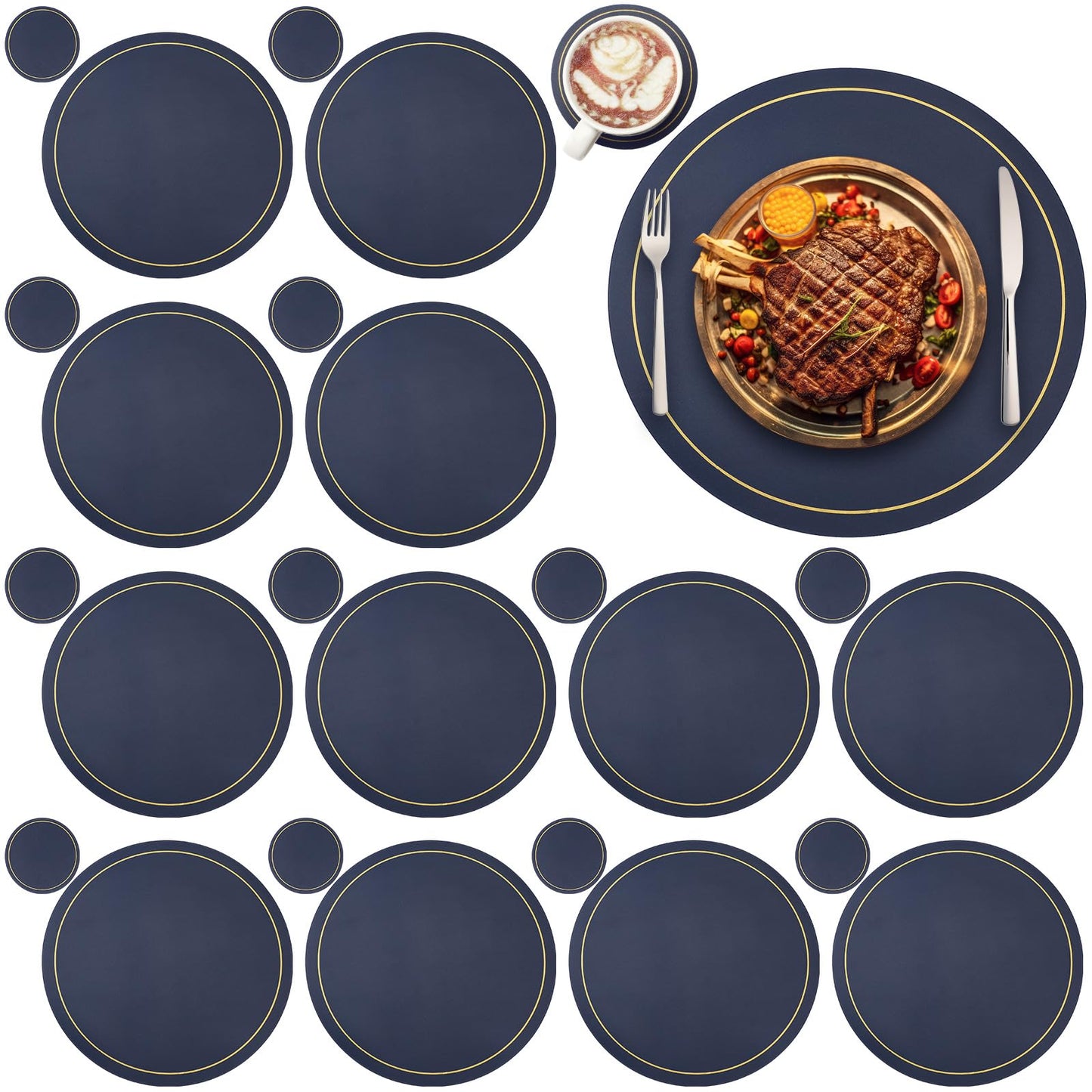 Sunnychicc Set of 12 Round Placemats and Coasters 13 Inch Faux Leather Placemats and 4 Inch Circle Coasters Waterproof Non Slip Kitchen Table Mats with Gold Trim for Dining Table Kitchen (Navy Blue)