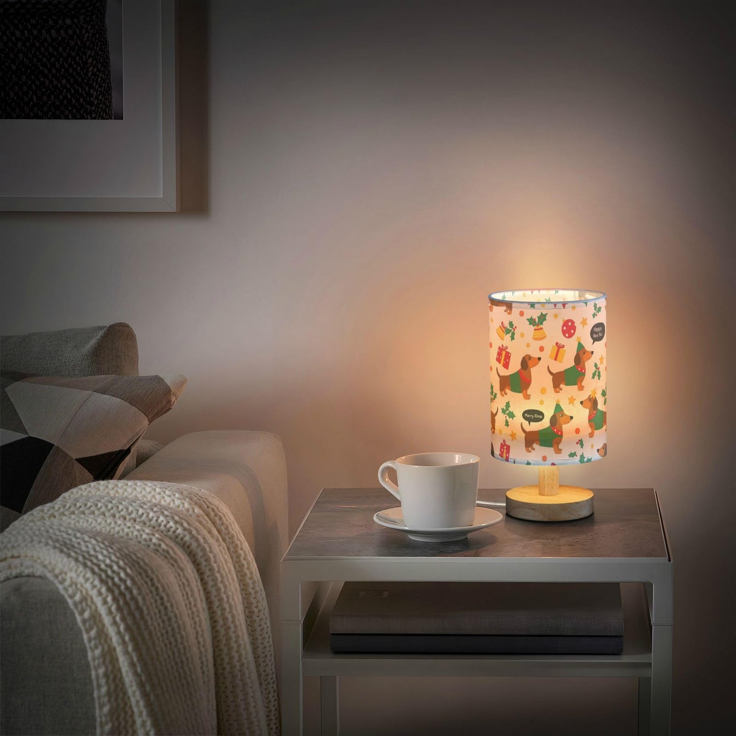 Cute Christmas Dachshund Dogs Table Lamp Bedroom Bedside Night Reading Desk Lamps Cylinder Nightstand Sleeping Light Lamp for Xmas Party Living Room Office Decor