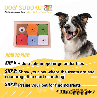 My Intelligent Dogs Interactive Sudoku Puzzle for Small Dogs and Cats - Advanced Brain Pet Toy - 6 Treat-Hiding Holes, Medium Wood and Plastic Design