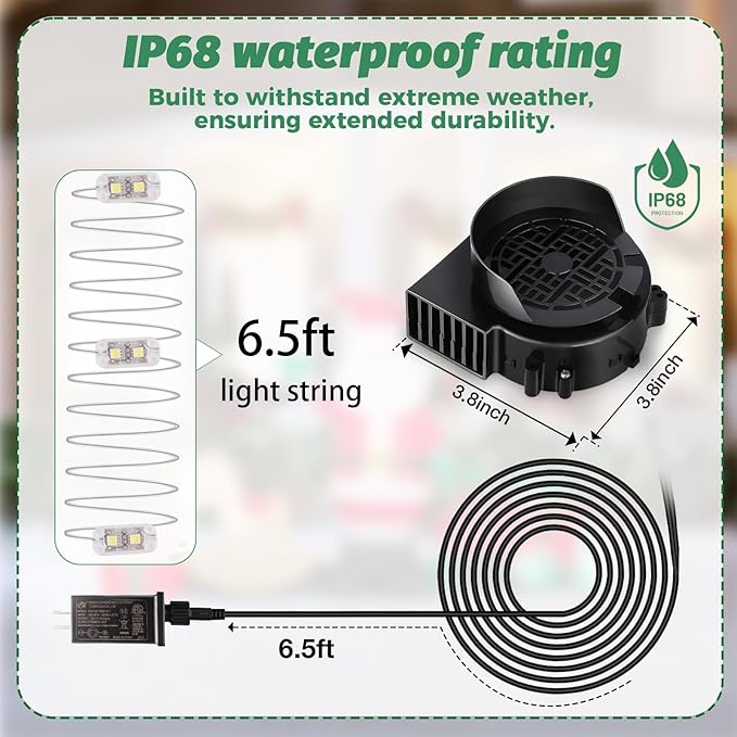 4-Pack Inflatable Fan Replacement, 0.8A Air Fan Blower with 1.0A Adapter and 3 LEDs Bulbs Light Strings for Halloween, Thanksgiving and Christmas Inflatables (IP68 Waterproof, 3.8 * 3.8'')