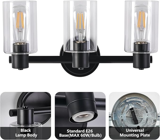 3 Light Bathroom Wall Light Fixtures Black Bathroom Wall Sconce with Clear Glass Lights Over Mirror Vanity Lights E26 Base