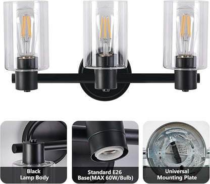 3 Light Bathroom Wall Light Fixtures Black Bathroom Wall Sconce with Clear Glass Lights Over Mirror Vanity Lights E26 Base