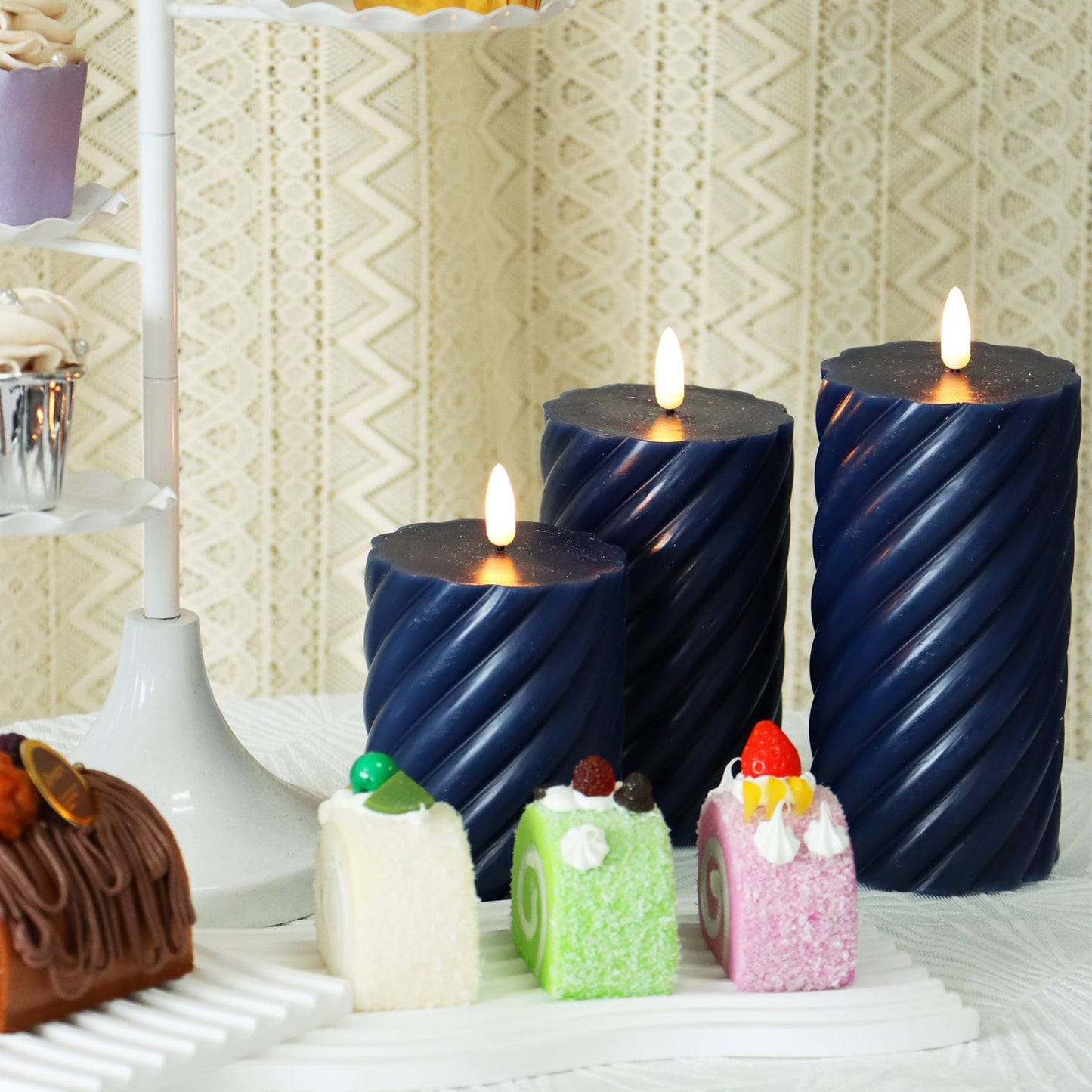 Real Wax Spiral Flameless Candles with Timer Battery Operated LED Pillar Candles Flickering Flame Electric Lights for Wedding Holiday Party Home Decor Valentine's Day Christmas Gifts,3 Pack(Navy)