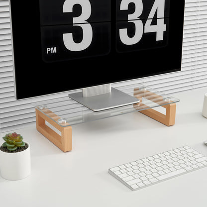 YEOUX Multi-Purpose Desktop Stand, Clear Floating Computer Monitor Riser with Natural Wood Base, Desk Organization Shelf for Printer, Laptop, Audio Device, Flat Screen