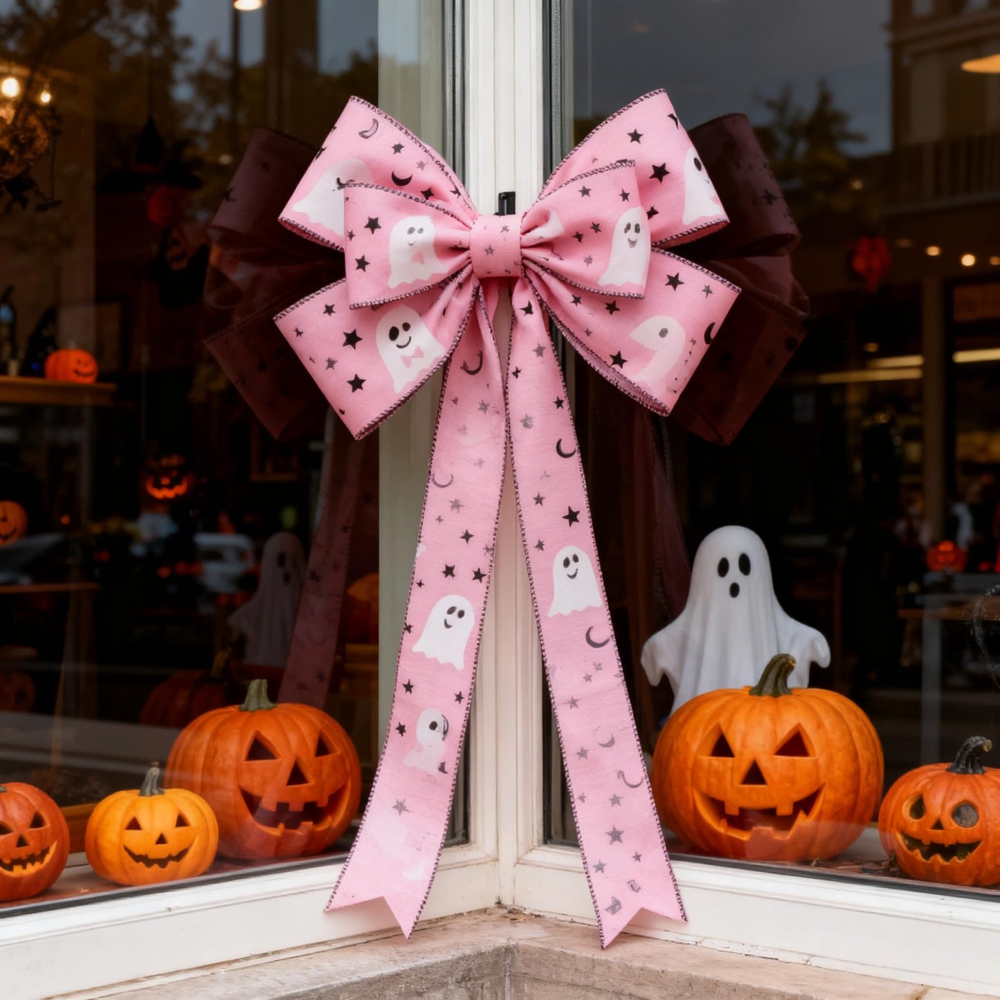 Meseey Pink Ghost Wired Ribbon 2.5 Inch x 20 Yards, Cute Spooky White Ghost Star Moon Linen Wired Edge Ribbon for Halloween Wreath, Gift Wrapping, Fall Birthday Party DIY Craft Decor