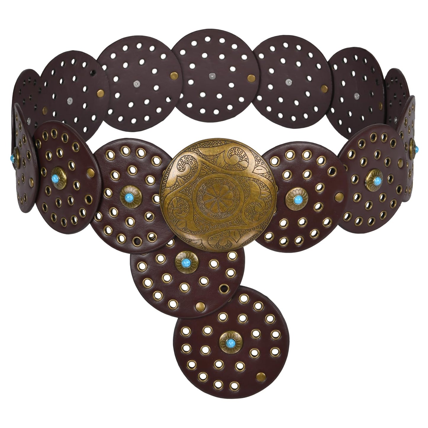 QILVYTH Western Leather Belts for Woman Boho Cowgirl Wide Disc Belt for Women Concho Cowboy Waist Belts for Dress Chocolate-bronze 48'' (fits waist size up to 45'')