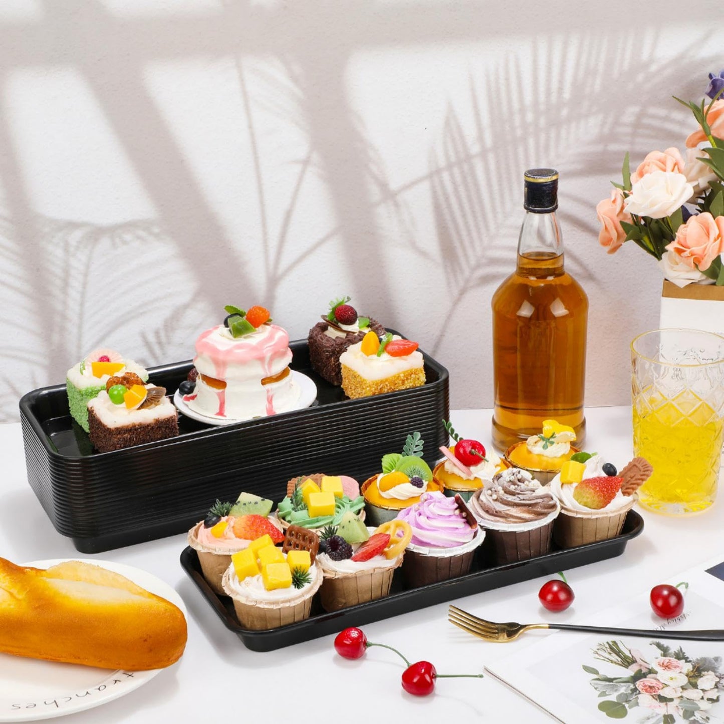 Ziliny 20 Pcs Serving Platters 14 x 6 Inch Rectangle Serving Trays Reusable Food Tray Dishes Dessert Trays Plastic Plates for Wedding Home Table Thanksgiving Christmas Party(Black)