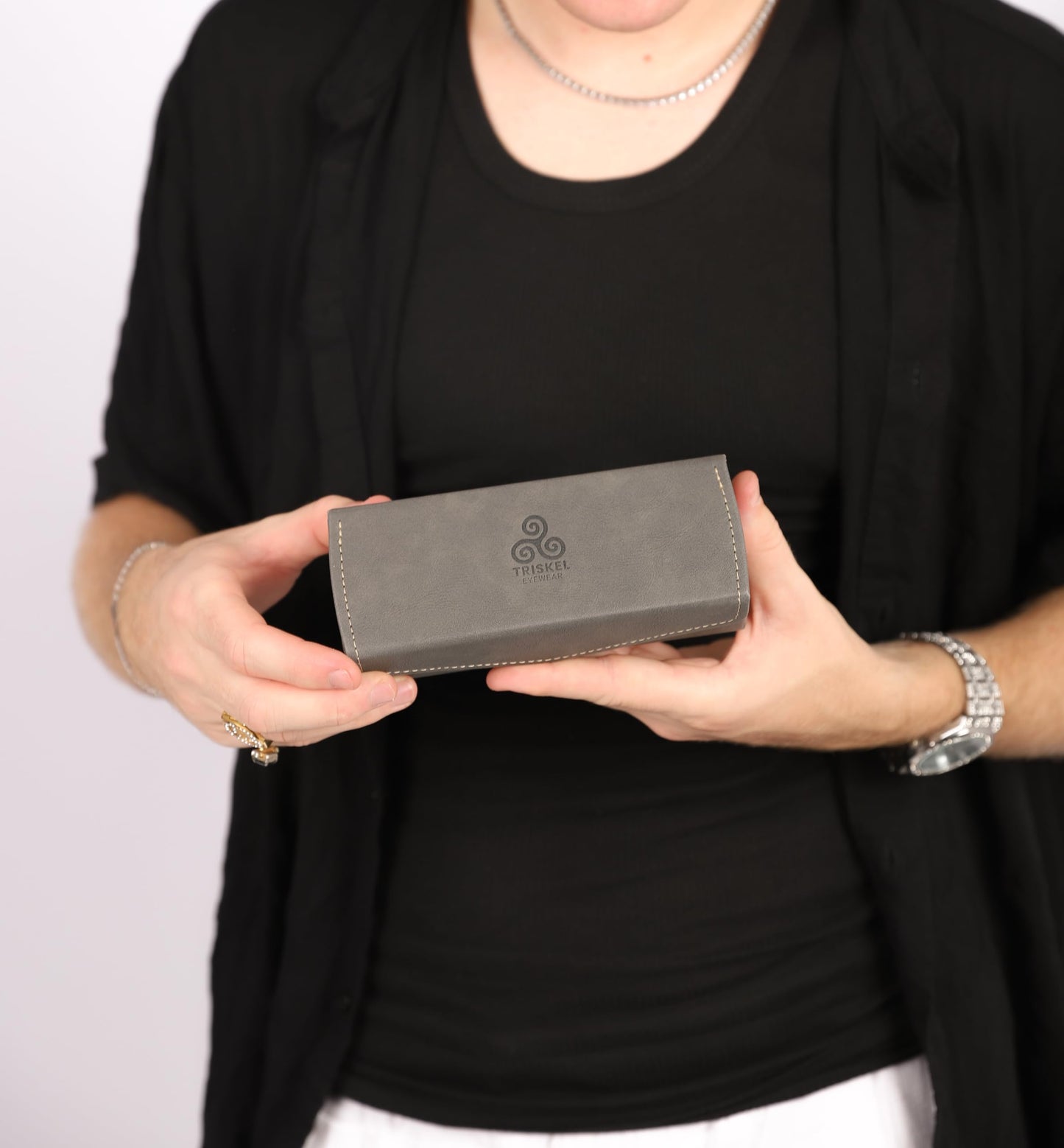 TRISKEL EYEWEAR Handmade Double Sunglasses Case, Premium PU Leather with Soft Flocking Lining (Warm Charcoal)