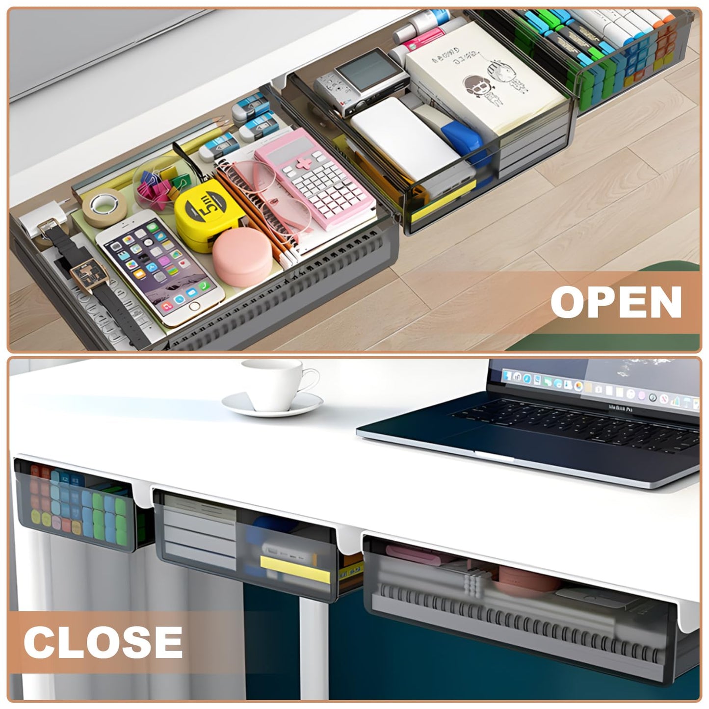SVNNELP Under Desk Table Drawer Storage Organizer,3 Pack Large & Medium & Small Slide Out Desk Drawers - Hidden Desktop Organizer,Attachable Pencil Storage Tray Under Table(SML)