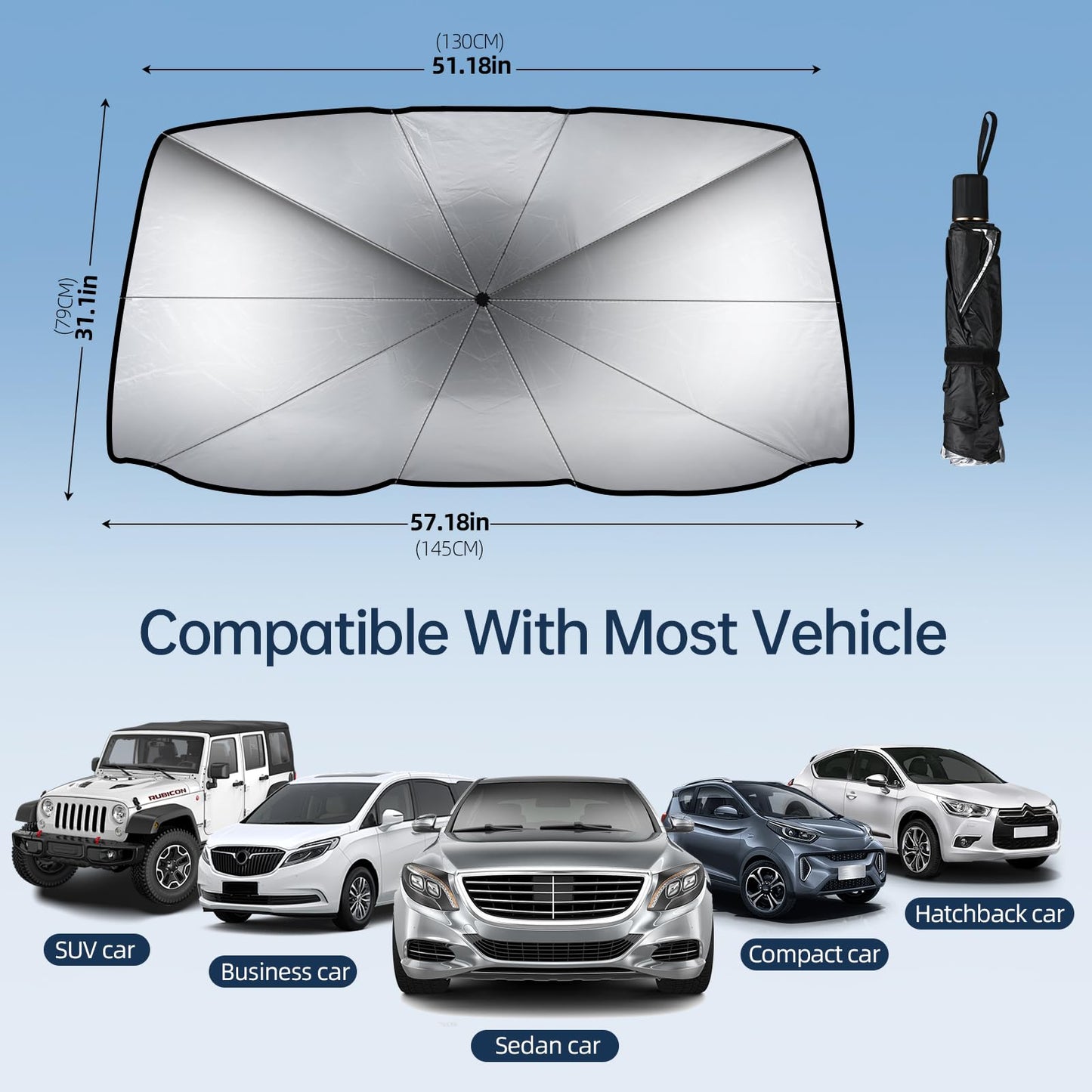 Car Windshield Sun Shade Umbrella, Foldable Car Umbrella Sunshade Cover Protect Vehicle from UV Sun, Easy to Store and Use, Keeps Vehicle Cool, Fit Most Vehicle (57 x 31 inches)