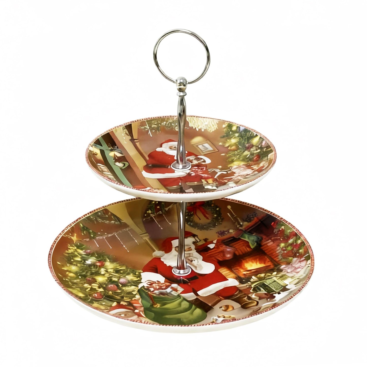 2-Tier Red Round Porcelain XMAS Cake Fruit Stand Plate with Gift Box, Cupcake Serving Display Set, Ceramic Pastry Tray Towers Platter for Dessert Appetizer Candy Buffet for Home Party (Christmas Man)