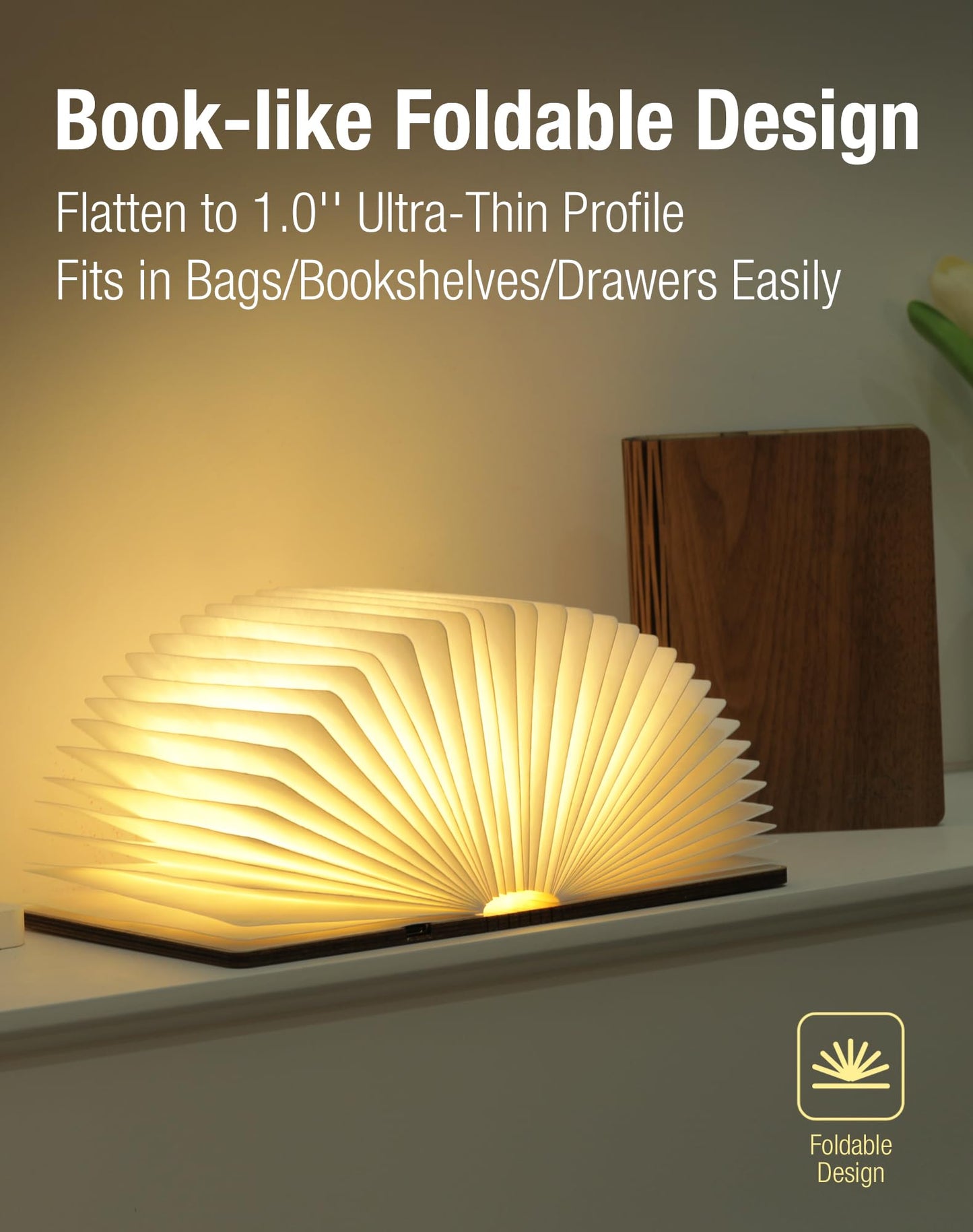 ZBOLE 5.7 Inch Wooden Book Lamp - Portable Folding LED Book Light for Reading, Home & Library Decor, Unique Gift for Book Lovers, Magnetic Night Light (Walnut)