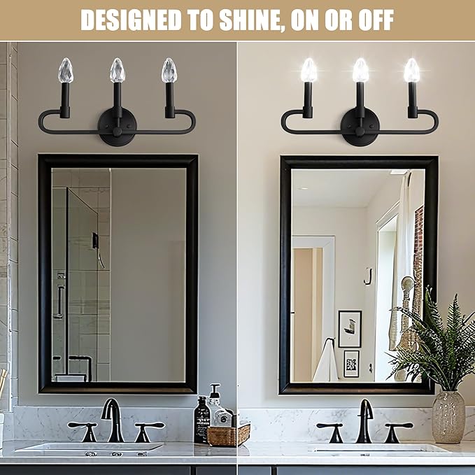 Farmhouse and Modern Bathroom Lighting Fixtures Over Mirror, 3 Light Matte Black Bathroom Vanity Lights, Crystal Bathrooms Wall Sconces(Includes Bulb)