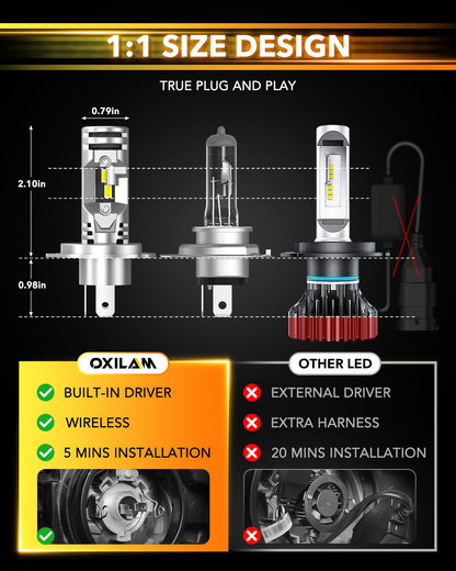 OXILAM H4 LED Bulbs 9003 HB2, 800% Bright Upgrade, CANbus Ready, Flicker-Free, 3 Min Install, 6500K Cool White Light, Pack of 2