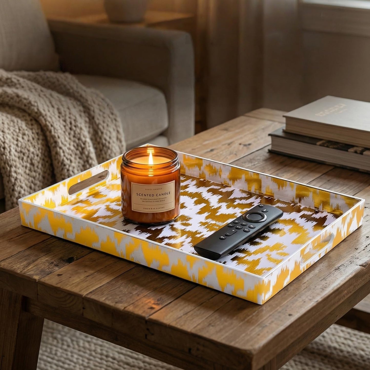 Zosenley Decorative Serving Tray with Handles - 16" x 12" Large Rectangle Coffee Table Decor - Modern Gold Aesthetic Vanity Tray for Ottoman, Bedroom & Bathroom