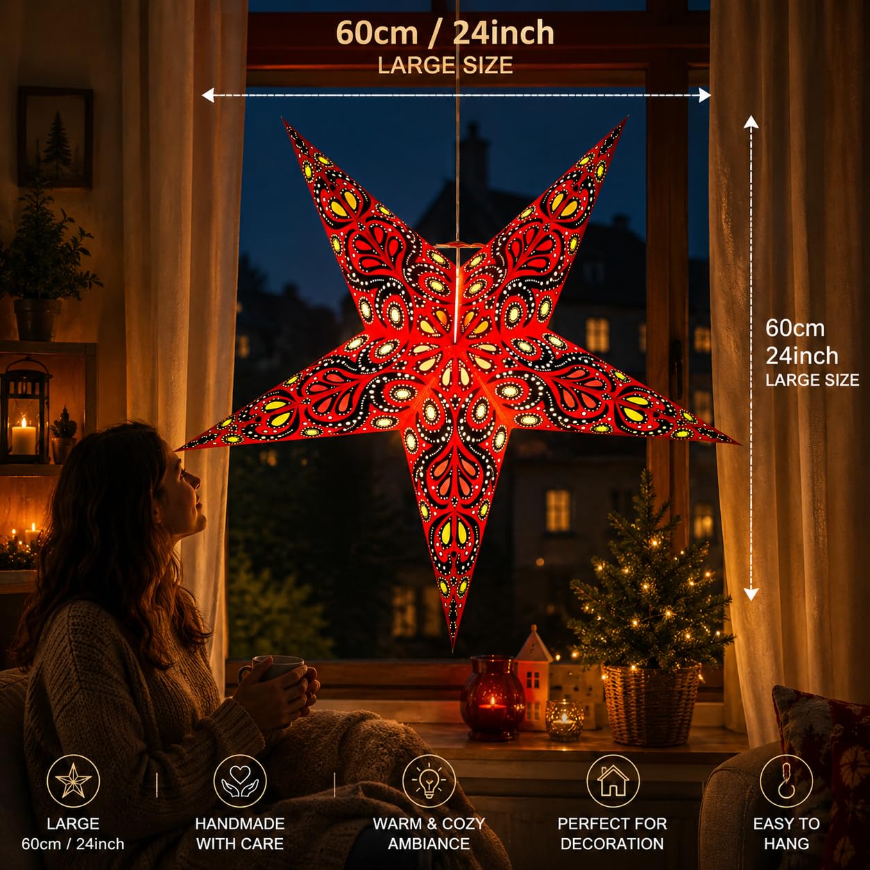 YEPSIO Lantern Lampshade Paper Star Light Shades Large 60cm Hanging Decorations for Christmas Wedding Home Decoration Birthday Party Foldable 5 Pointed Star (Red, Black, Yellow)