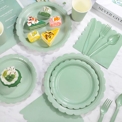 Xiangqu 175 Pcs Sage Green Paper Plates and Napkins, Sage Green Party Supplies Include Green Scalloped Plate Paper Napkin Cup Plastic Cutlery for Baby Shower, Wedding, Birthday