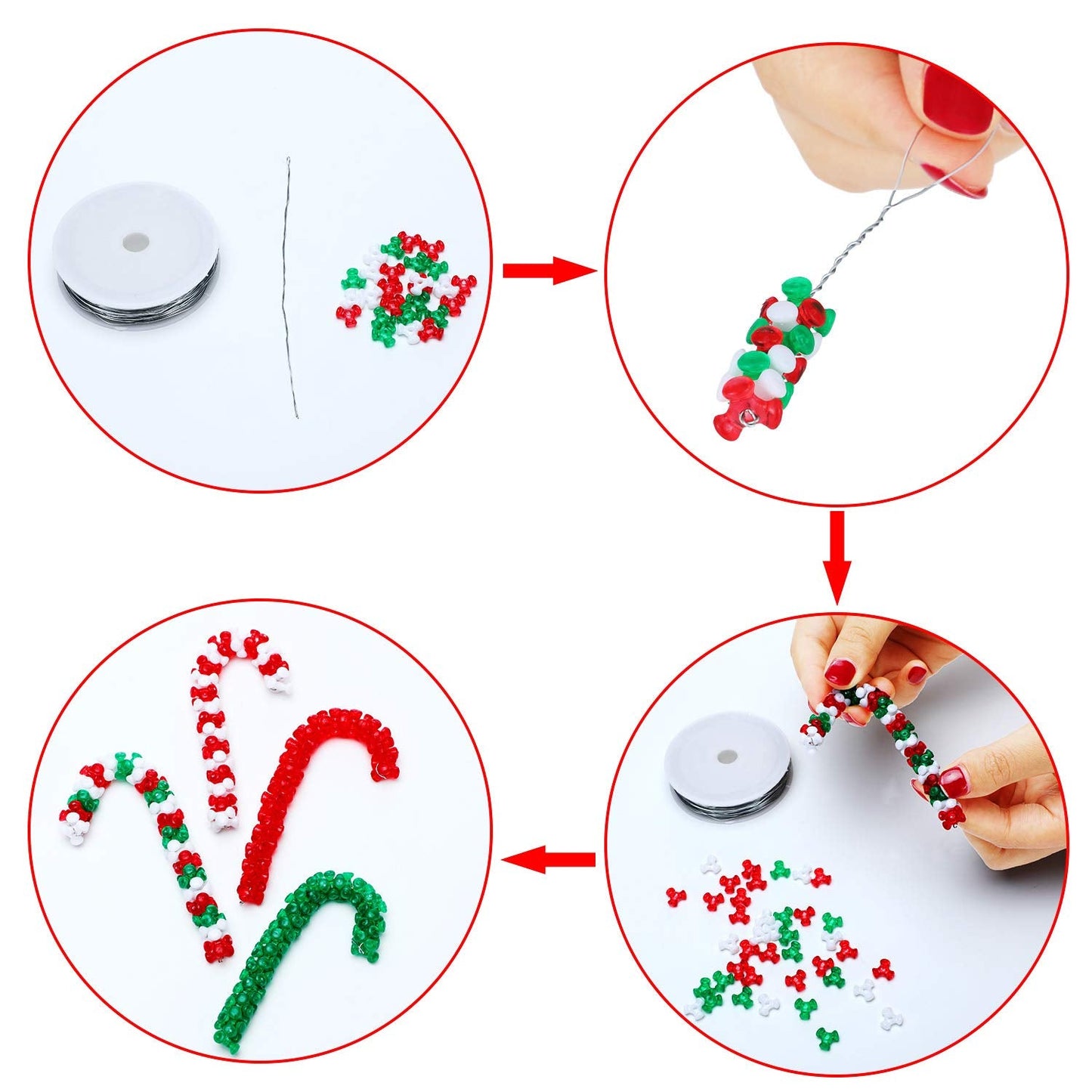 Christmas Tri Beads, Holiday Beaded Ornaments Candy Cane Ornament Craft Kit, Including 0.38 Inch Plastic Tri Beads and Beading Wirefor Christmas Tree Decoration(800)