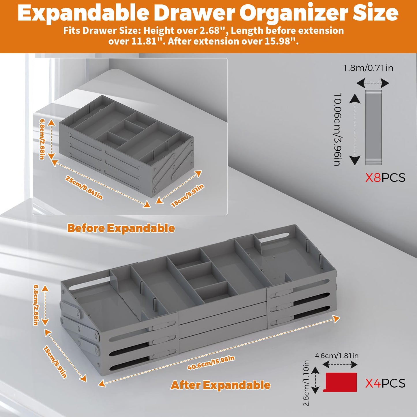 3 Tier Drawer Organizer - Expandable Junk Drawer Organizers Smart Office Supply Organizer, Folding Drawer Storage Multi-level Desk Organizer for Makeup,Jewelry,Cosmetics,Kitchen Storage (1 Row 3 Tier)