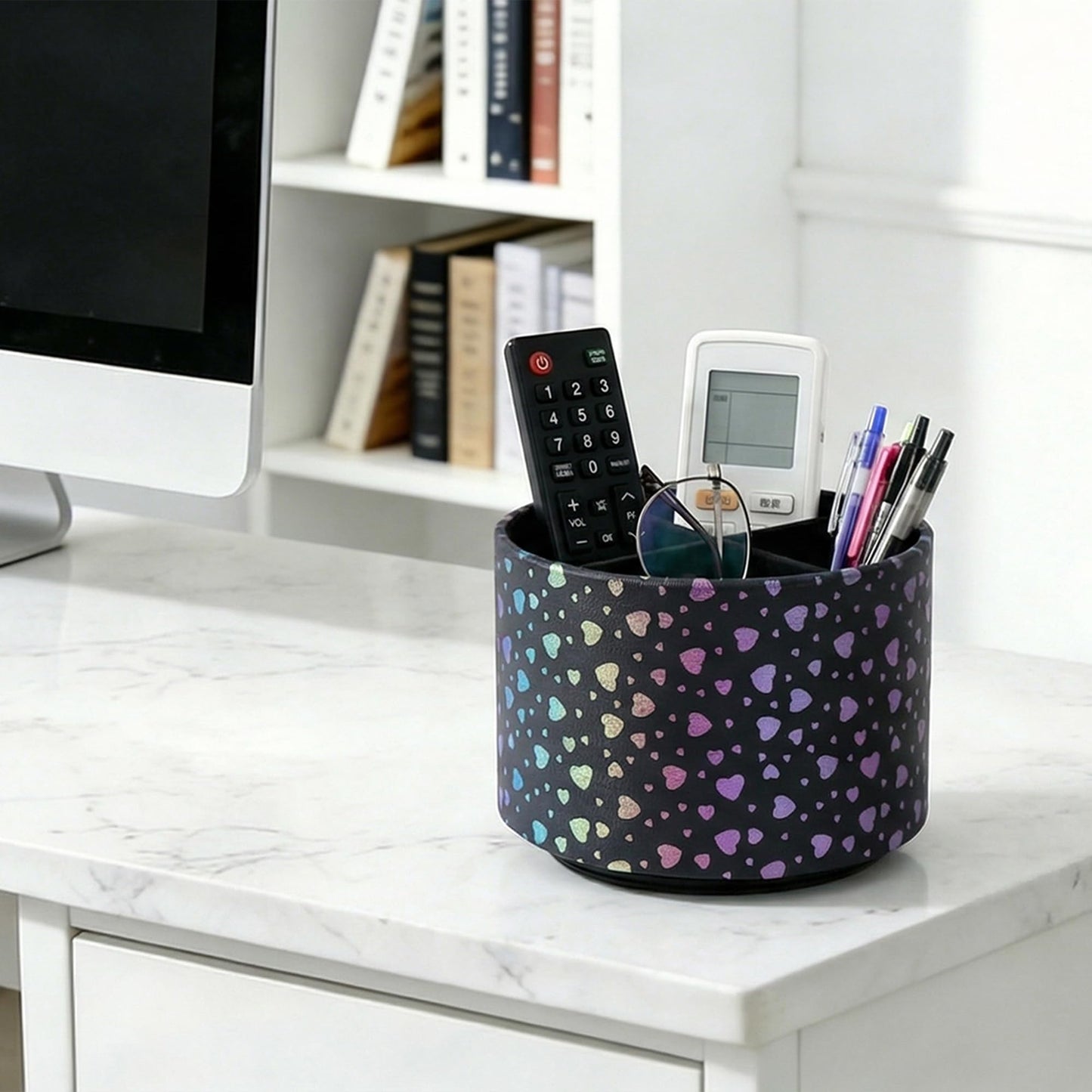 QIELIZI Round Leather Art Supply Organizer,Remote Control Holder,360 Degree Rotating,Multi-Functional Pencil Holder,4 Compartments Desktop Stationary Organizer(1-Heart Black)