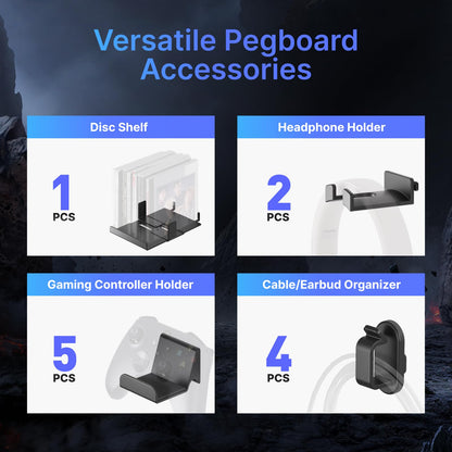 PEGZONE Controller and Headphone Holder Wall Mount, Modular Gaming Pegboard with Accessories, Controller Stand for Xbox PS5 PS4 Switch, Video Game Storage, Disc Shelf Organizer, 7pcs Pegboard, Black