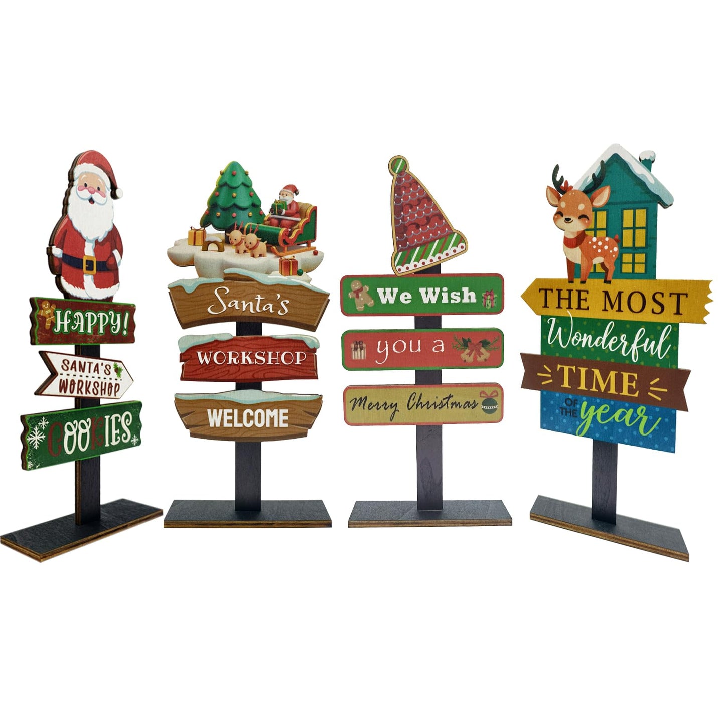 YvSuZeBuDa Christmas Table Decorations, 4 Piece Wooden Rectangular Sign Boards, Rustic Farmhouse Style, Polychrome, 8.86 x 4.72 Inches, Wall Mount with Twine, Cozy Theme (Santa hat)