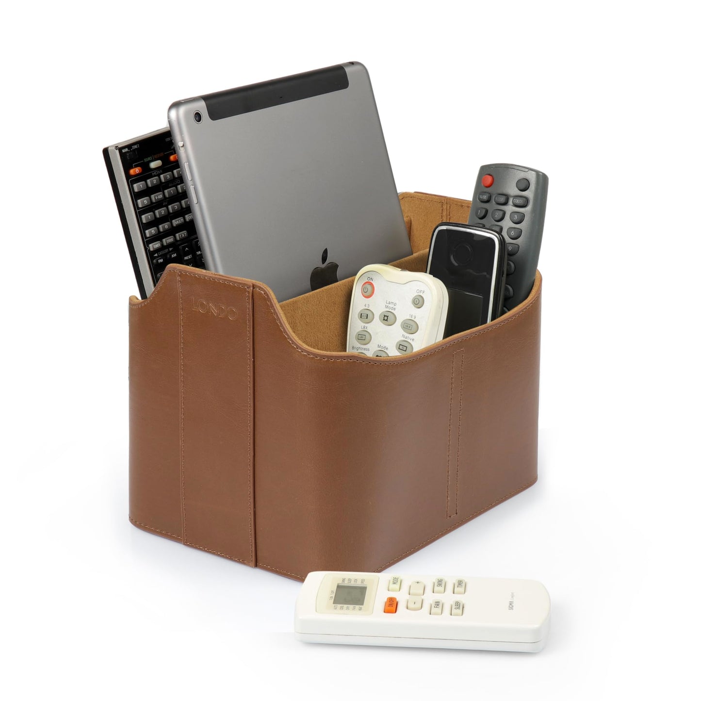 Londo PU Vegan Leather Desk Organizer Cube with Tablet Slot, Nightstand Caddy & Couch Organizer — 4 Remote Pockets + iPad/Kindle Slot, Makeup Brush Holder, Suede Lined, 8 x 6.1 x 6.1 in, Light Brown