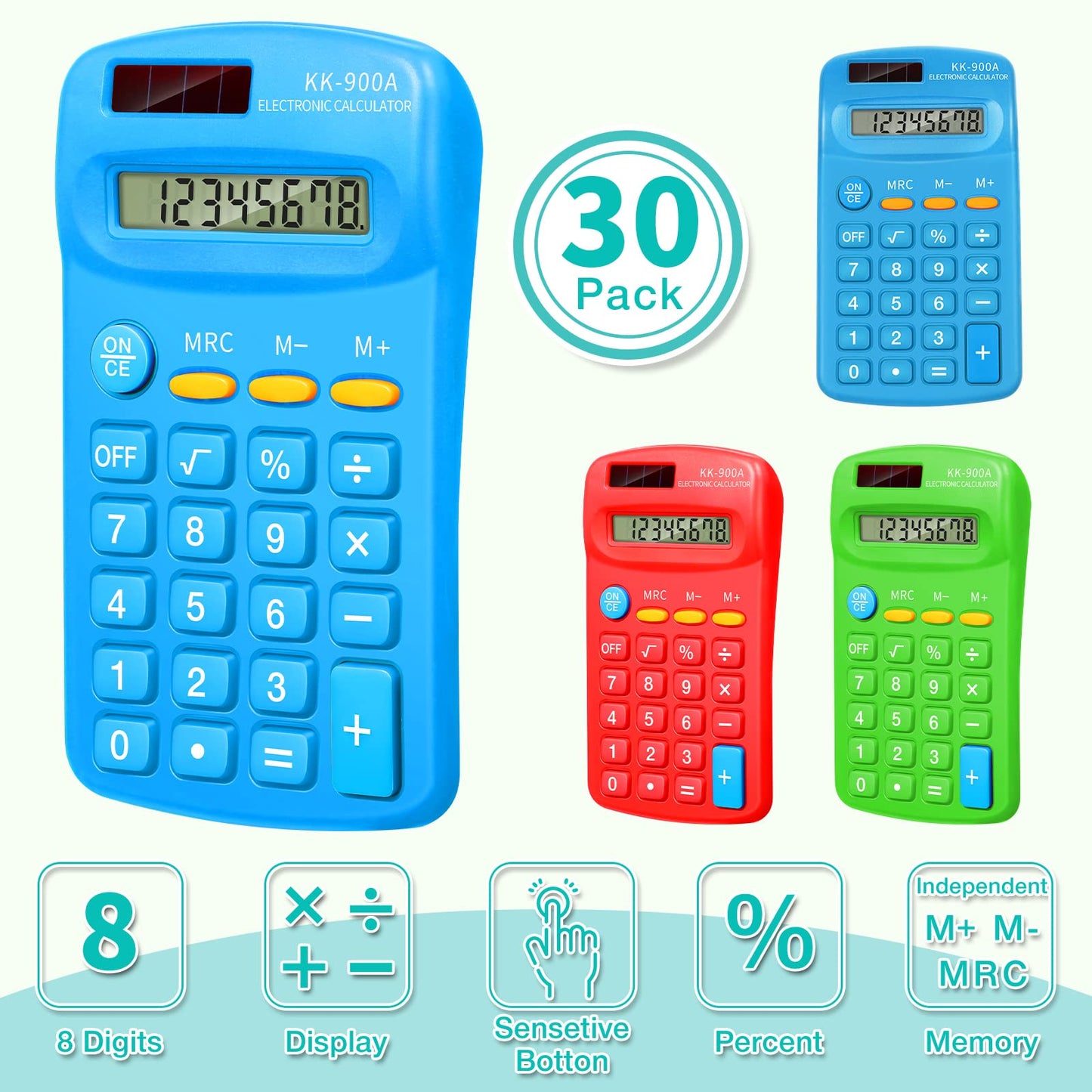 30 Pack Pocket Calculator Small Battery Powered Bulk Mini Size 4 Function Hand Held Basic Calculator for Students Kids School Home Office(Green, Red, Blue)
