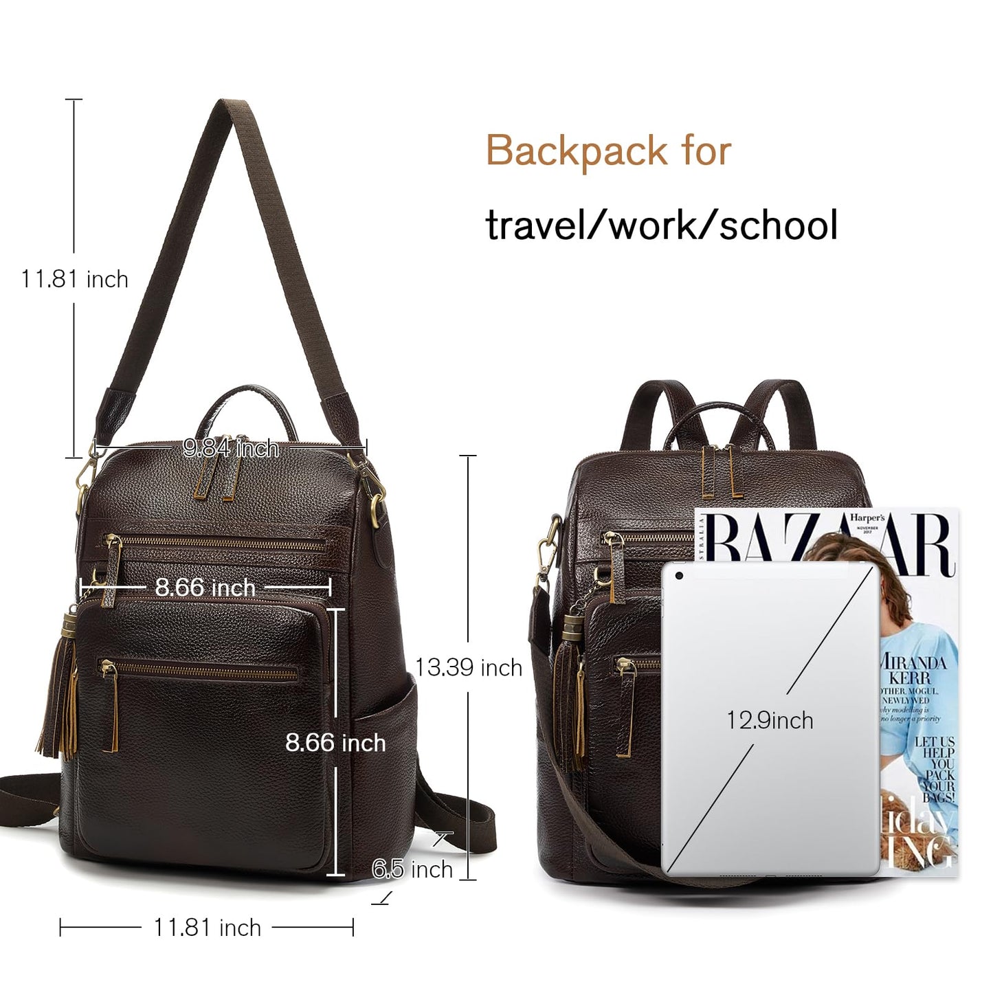 UEIRY Genuine Leather Backpack Purse for Women Convertible Shoulder Bag with Multiple Pockets for Travel Work School（Coffee）