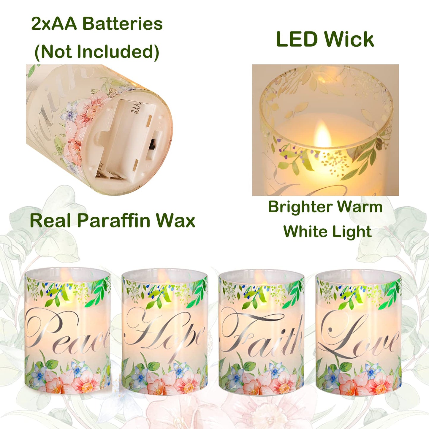 Silverstro Christmas Flameless Candles Glass Flickering Real Wax Floral LED Candles with Remote - Home Party Room Botanical Holiday Decor Set of 4