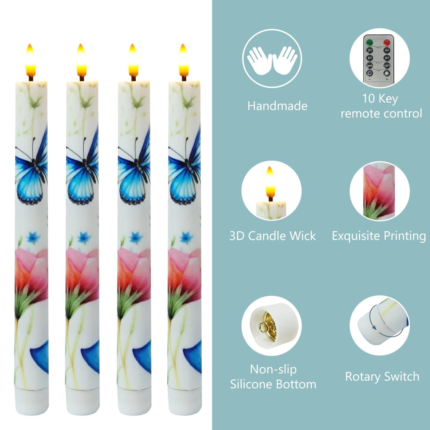 SEUCRWAX 10 Inch Flameless Taper Candles,LED Candlesticks Battery Operated with 10-Key Remote and Timer,4p Flame Lights for Wedding Decoration Party(Butterfly)