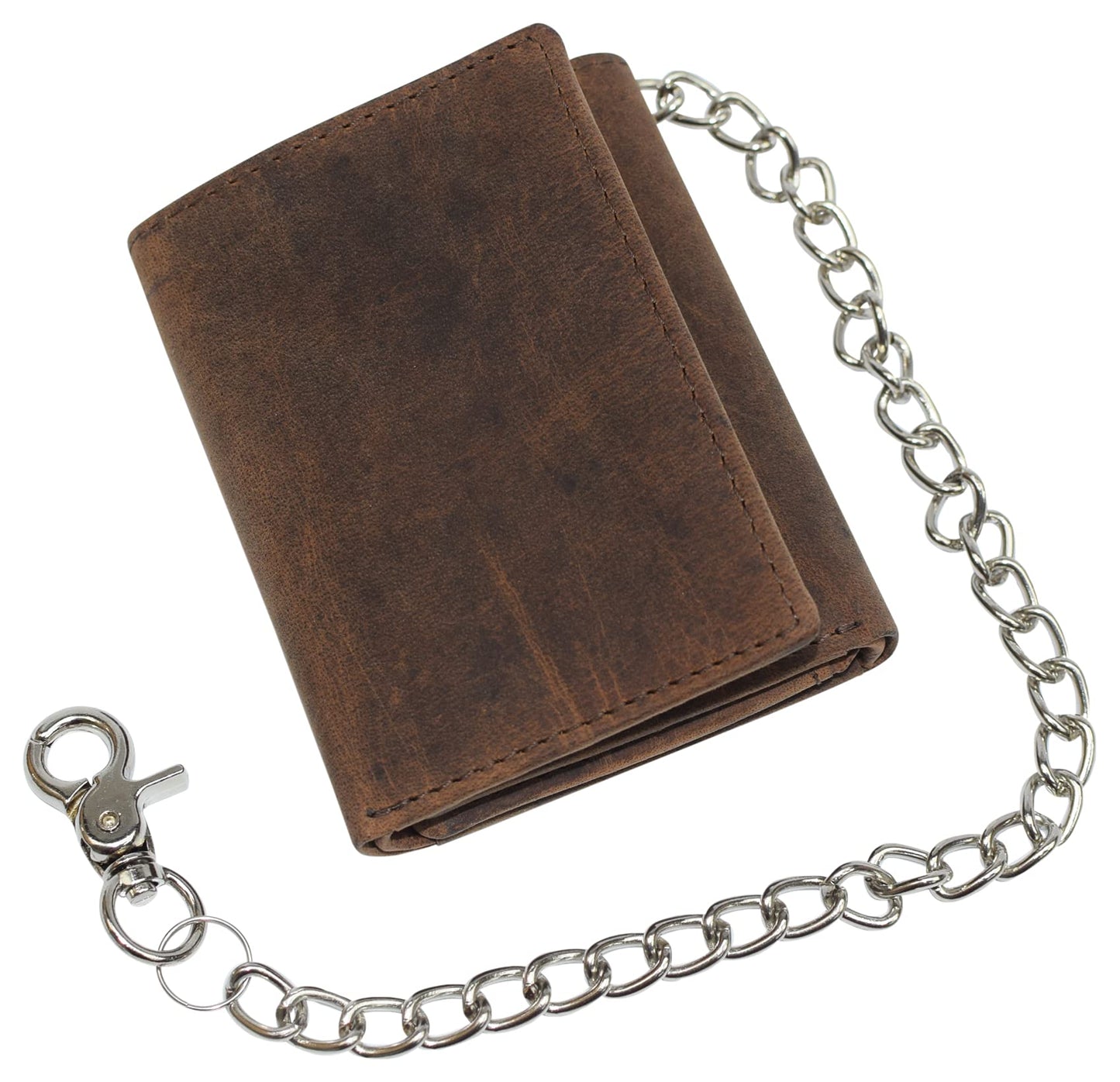 RFID Blocking Mens Chain Biker Vintage Genuine Leather Classic Trifold Wallet (Brown with Chain)