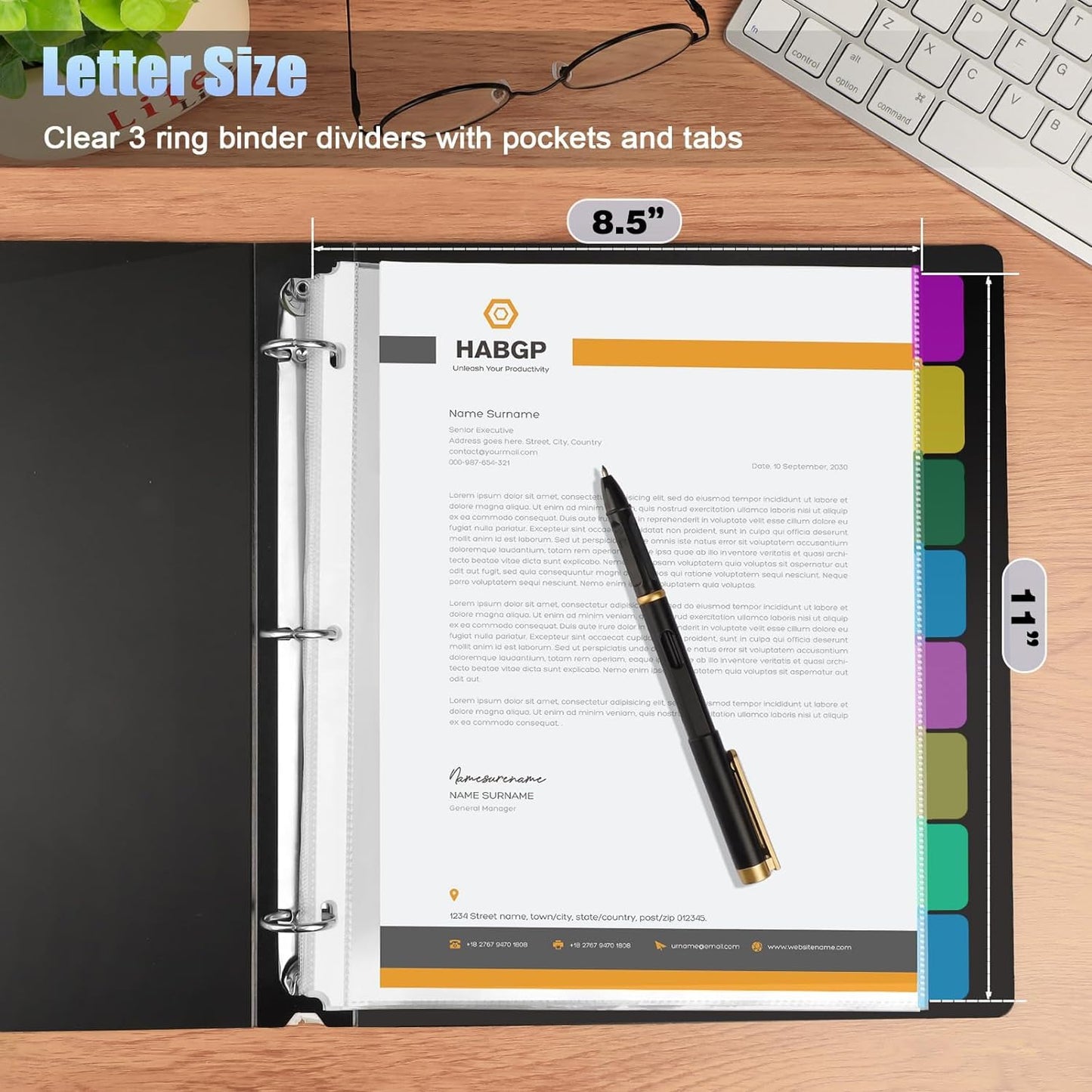 HABGP 96Pcs/12 Set Clear Binder Sheet Protectors - 8.5x11 Letter Size, 8 Tab Plastic Binder Dividers with Pockets and Tabs