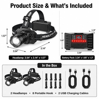 Curtsod Rechargeable LED Headlamp 2-Pack - 99000 Lumens Super Bright with Motion Sensor & 90° Rotation - Waterproof Headlight for Camping, Hiking, Running - 3 Light Modes