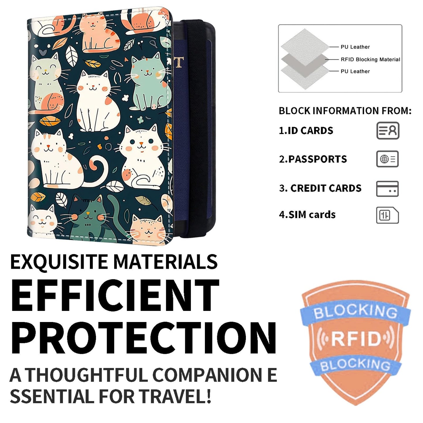 ETLKJVBL Exquisite Passport Holder for Travel Accessory, Leather Passport Cover with Space for Documents and Family Photos, Travel Passport Wallet for Women and Men Pattern Design(Cute Cats)