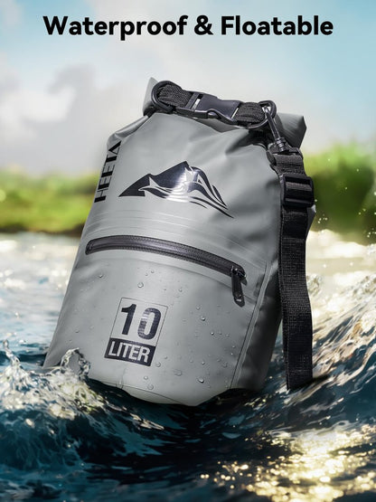 HEETA Waterproof Dry Bag with Front Zippered Pocket for Women Men, Roll Top Lightweight Dry Storage Bag Backpack for Travel, Kayaking, Boating, Rafting, Camping, Hiking & Beach (Grey, 5L)