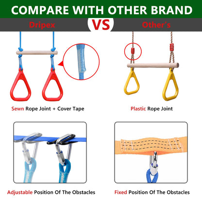 Dripex 65FT Ninja Warrior Obstacle Course for Kids - Double Longest Slacklines with 10 Most Complete Accessories for Kids, Swing, Trapeze Swing, Rope Ladder, Obstacle Net Plus 1.2M Arm Trainer