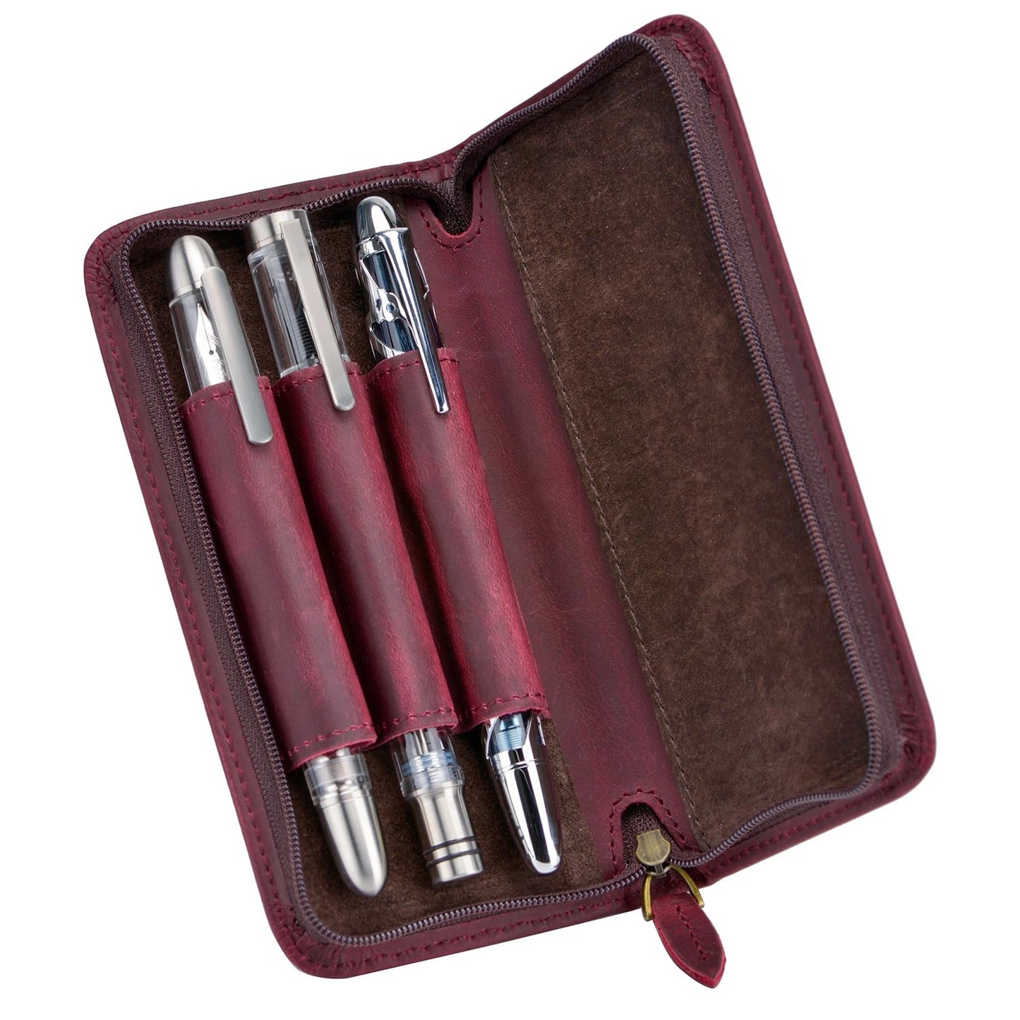 Asvine Fountain Pen Case 3 Divided Slots Crazy Horse Leather Pen Holder, Handmade Display Zippered Pouch for Rollerball Pen-Wine