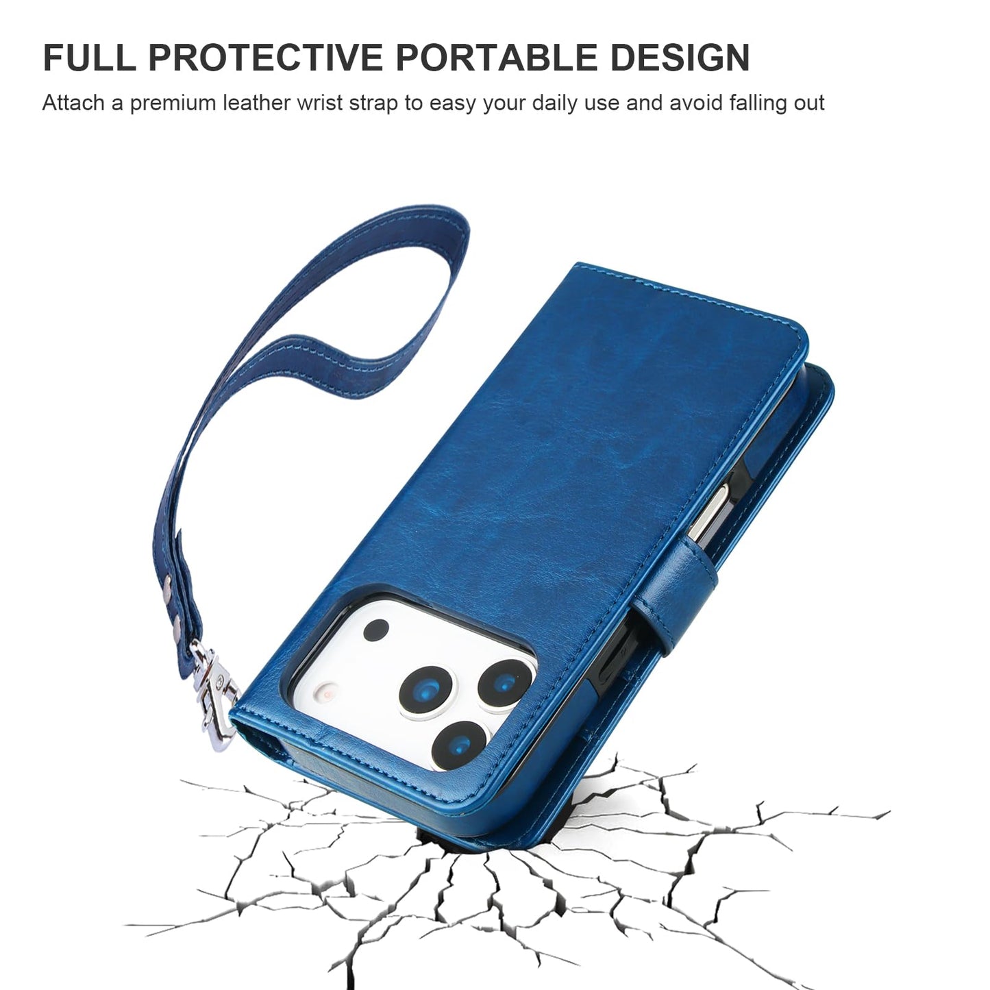Bocasal for iPhone 17 Pro Wallet Case Compatible with MagSafe Wireless Charging, RFID Blocking Magnetic Leather Case with Card Slots Holder Kickstand Detachable Wrist Strap 6.3 Inch (Blue)