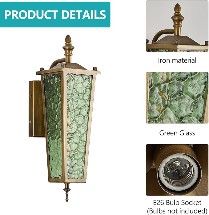 Outdoor Wall Light,Vintage Gold E26 Base 16.7in - Exterior Waterproof Lantern Metal with Green Glass,Farmhouse Porch Sconce Wall Mount Lighting,for Garage,Patio,Front Door,Entryway
