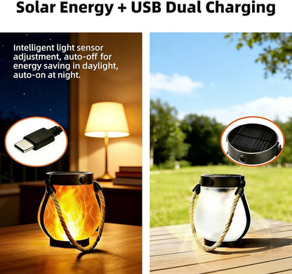ATDEXT 4PCS Solar Lanterns Outdoor with Ultra-Real Flame, Outdoor Flickering Hanging Lights IP65 Waterproof, 2 Modes, Dual USB/Solar, Auto On/Off for Garden Yard Patio Porch Halloween Christmas Decor