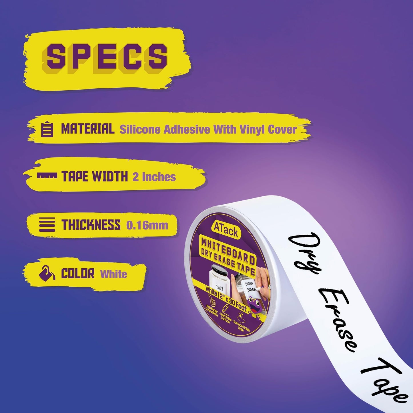ATack Whiteboard Dry Erase Tape, 2 Inches x 30 Foot, White, Smudge-Free White Board Dry Erase Label Sticker for Storage Bins, Classrooms, and Teachers for Reading Lessons for Sentence Strips