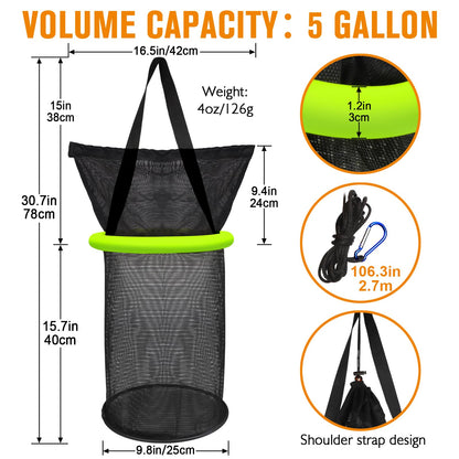 Dovesun 5 Gallons Floating Fishing Basket, Collapsible Fishing Net Portable Nylon-mesh | Coated Nylon Net Bait Storage Cage for Keeping Crayfish Minnows Leaches and Other Live Baits