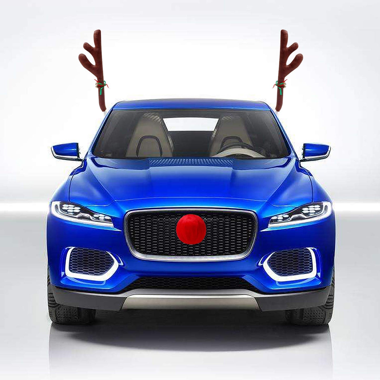 Christmas Car Decorations - Reindeer Antler Kit with Jingle Bells and Red Nose - Vehicle Accessories for Xmas